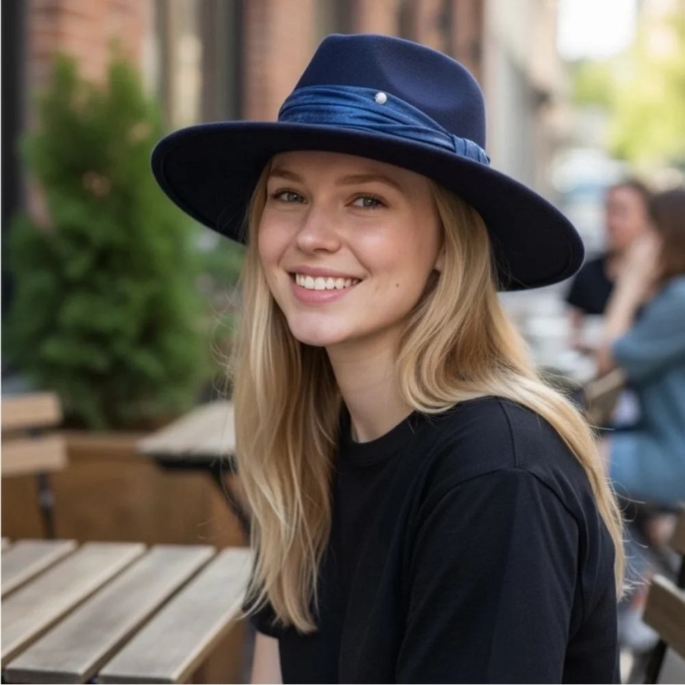 NWT Lele Sadoughi Wool Pearl Detail Navy Rancher Hat